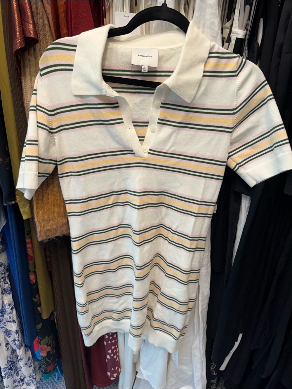 Reformation Cream Polo Stripe Knit Dress with Green and Black Stripes - Picture 5 of 6